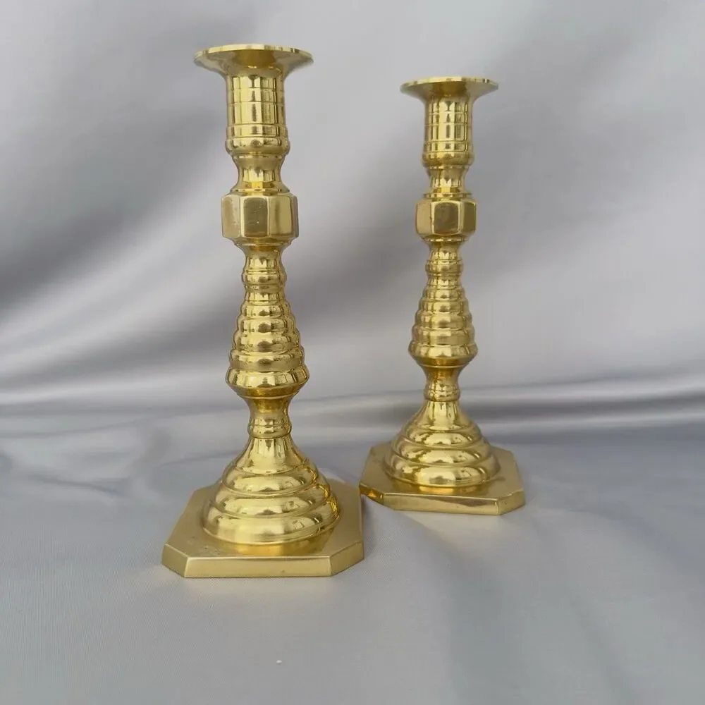 English Brass Beehive Candlesticks Diamond Pattern Victorian Style Pair Vtg